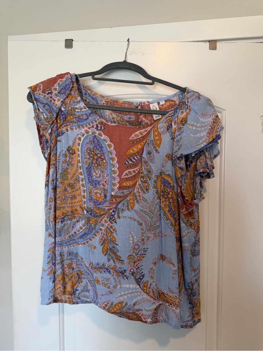 Joie Light Blue Paisley Flutter Sleeve Blouse with Rust and Mustard Accents
